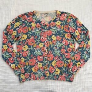 L.L. Bean 100% supima cotton blue pink yellow floral cardigan size medium